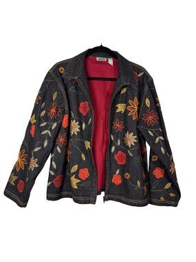 Chicos Design Large Embroidered Denim Jacket Floral Applique Zipper Front Boho
